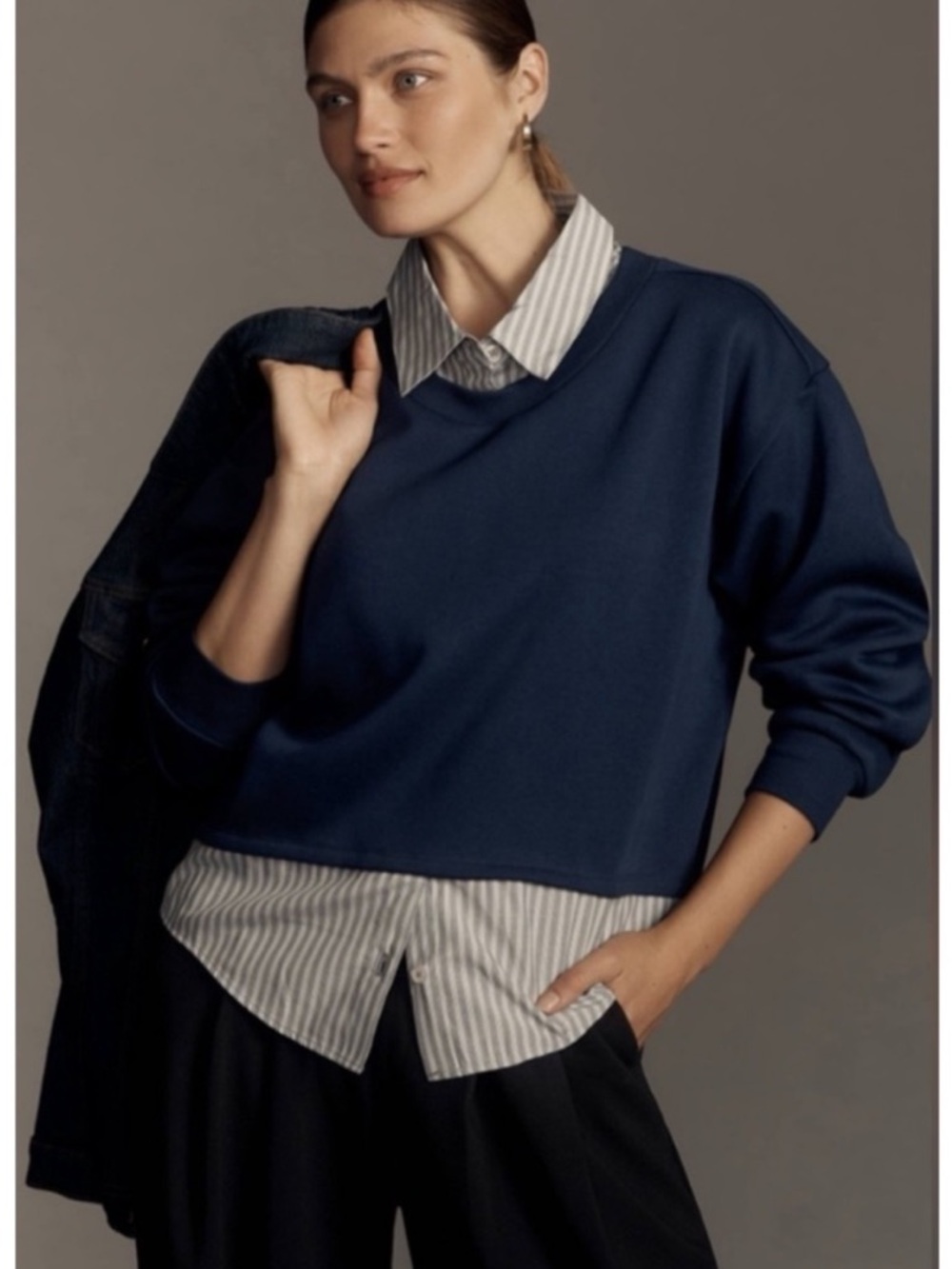 Maeve Striped Trim Twofer Sweatshirt by Anthropologie Womens Size Medium Navy